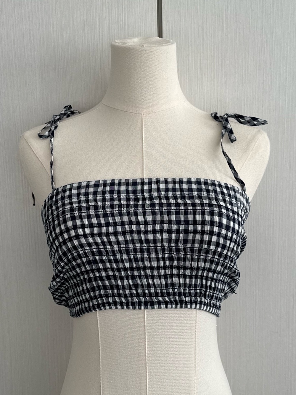 J. Crew Black & White Gingham Smocked Tie-Shoulder Crop Top
